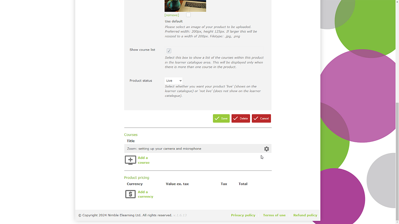 Catalogue product page showing course.png